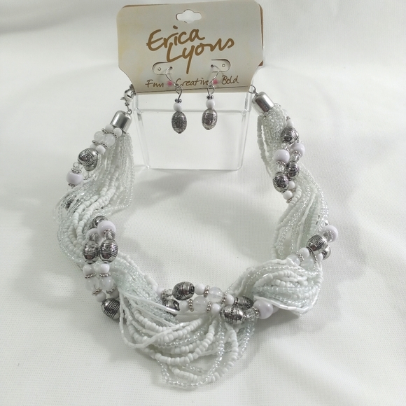 Erica Lyons Twisted Statement Necklace Earring Set White Silver 19" Multi-Strand - Picture 6 of 6